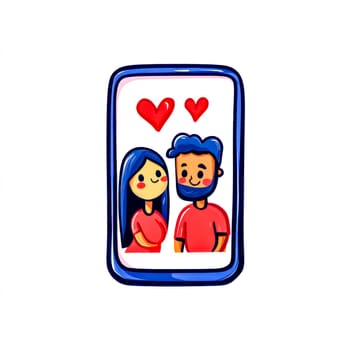 Cartoon drawing of a smartphone screen displaying a man and a woman with hearts floating above, representing online connection, love, and virtual relationships