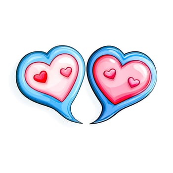 Two heart shaped speech bubbles, adorned with smaller hearts, symbolize a loving conversation or exchange of affection, creating a romantic and expressive visual