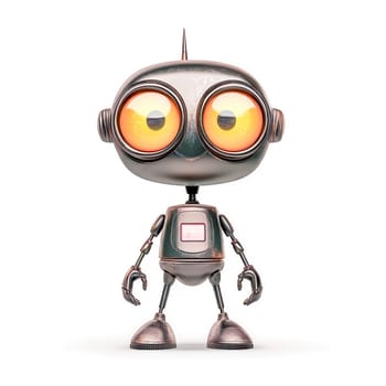 Charming, old fashioned toy robot stands on a white background, its large, glowing eyes adding a touch of friendliness to its metallic form
