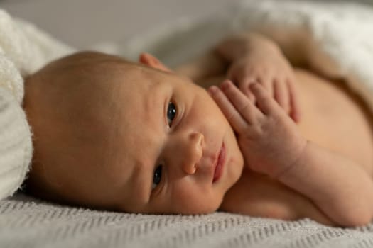 Newborn baby resting peacefully on a soft blanket with gentle lighting, displaying small fingers and an inquisitive look while enjoying a calm moment indoors