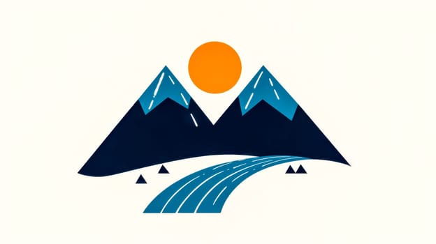 Minimalist logo design showcasing a winding road leading towards majestic snow capped mountains under a bright sun, evoking a sense of adventure and exploration