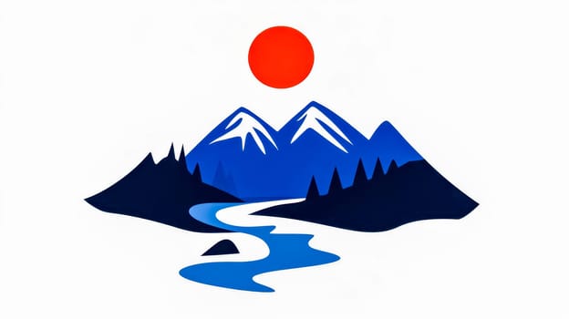 Minimalist illustration featuring blue mountains with snowy peaks, dark hills covered with trees, and a winding river, all beneath a vibrant red sun against a clean white background