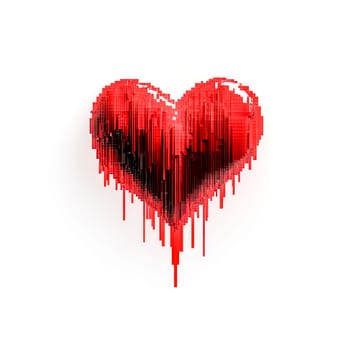 Pixelated red heart is melting, creating a visually striking effect against a clean white backdrop, suggesting themes of love, loss, and digital art