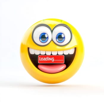 Cheerful yellow emoji with big blue eyes and a wide open mouth is showing a red loading bar, suggesting happiness is loading, on a clean white background