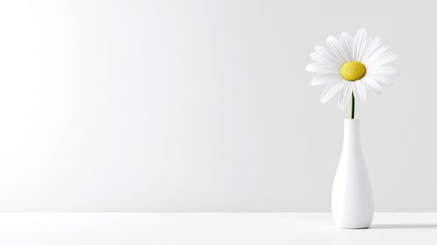 Simple white vase holding a delicate white flower with a yellow center sits on a white surface against a white wall, creating a minimalist and serene composition