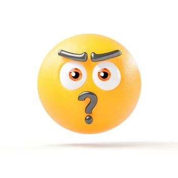 3d rendering of a confused emoji with a question mark and furrowed brows, showing doubt, uncertainty, and deep thought, isolated on a white background