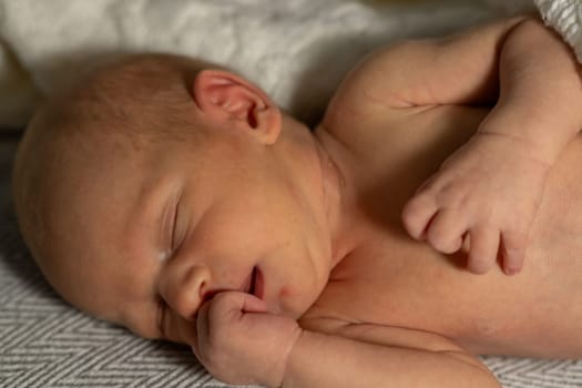 A newborn baby is gently resting with closed eyes, one hand curled near the face, showcasing innocence and tranquility in a warm living space.