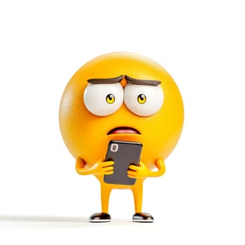 Worried emoji is holding a smartphone, its face expressing anxiety and concern, highlighting the emotional impact of digital communication