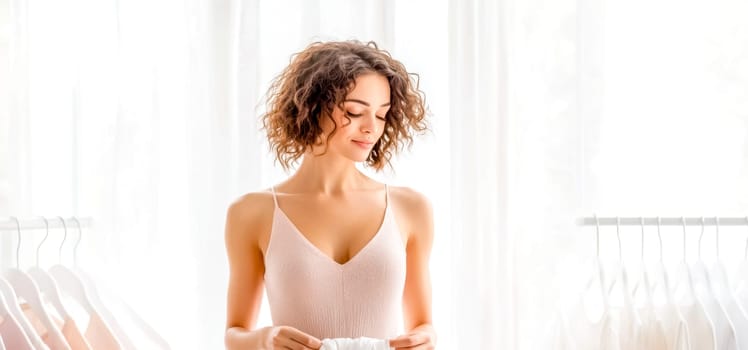 Young fashion designer folding a white garment in a bright atelier, surrounded by clothing racks and natural light, showcases dedication and meticulous craftsmanship