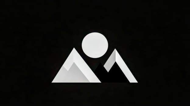 Abstract geometric mountains and sun forming a minimalist logo are displayed on a dark background, representing adventure, nature, and modern design
