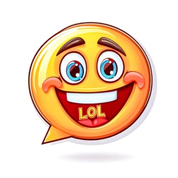 Cheerful, laughing emoji with rosy cheeks and wide open blue eyes saying lol inside a speech bubble conveys amusement and lightheartedness