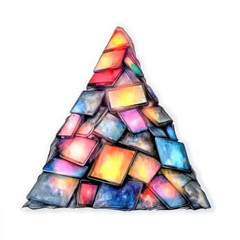 Watercolor painting illustrating a mountain of discarded smartphones arranged in a triangle shape, representing the pressing issues of e waste and rampant consumerism in modern society