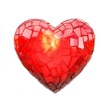 Glowing red heart is assembled from many small fragments, symbolizing broken love, divorce, separation, and difficult romantic relationship, creating a visually striking image on a white background
