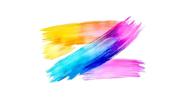Vibrant watercolor brushstrokes in yellow, orange, pink, blue, and purple dynamically intersect, forming a stylized letter z against a clean white backdrop