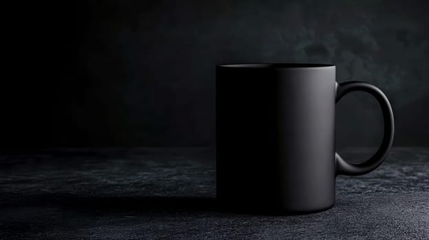 Steaming matte black coffee mug sits on a dark, textured surface, set against a shadowy backdrop, creating a dramatic and minimalist scene with ample copy space