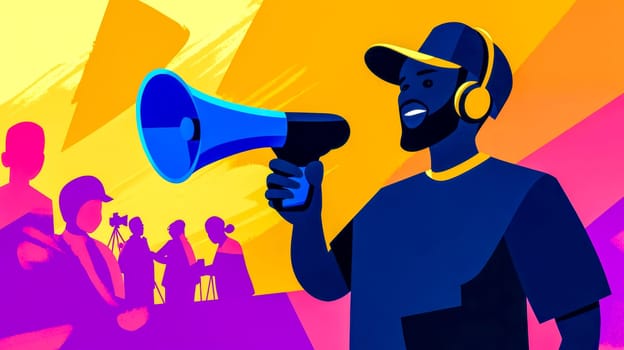 Film director wearing headphones and holding a megaphone, coordinating a film crew on set, captured in a vibrant and colorful illustration showcasing the essence of filmmaking