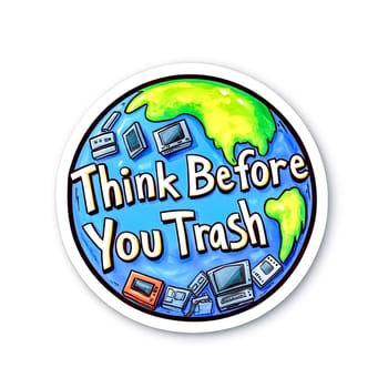 Promoting responsible e waste disposal, a sticker features a vibrant earth surrounded by discarded electronic devices, urging viewers to think before you trash