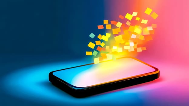 Modern smartphone emitting colorful pixelated fake news headlines, symbolizing the spread of misinformation in the digital age, lies on a vibrant gradient background