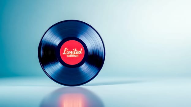 Glowing limited edition vinyl record on a sleek light blue background reflecting the red label, representing exclusive music release and collectible item for audiophiles and music enthusiasts