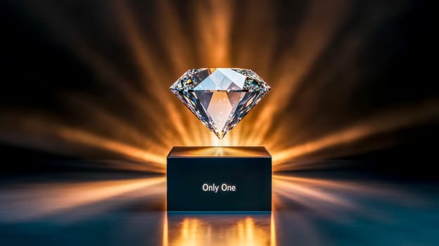 Large. Sparkling diamond levitates above a dark pedestal with the words only one inscribed. Illuminated by dramatic light rays against a dark backdrop. Creating a luxurious and exclusive atmosphere
