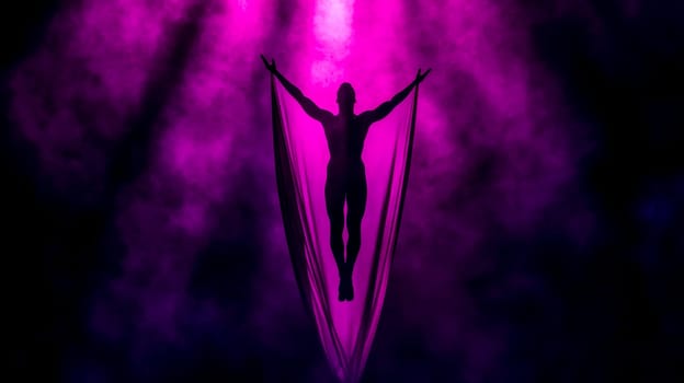 Aerial acrobat gracefully suspends mid air, arms outstretched, amidst purple smoke and dramatic lighting, creating a mesmerizing spectacle of artistry and athleticism
