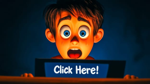 Cartoon child with wide eyes and an open mouth, staring in shock at a tablet screen glowing in the dark, displaying a tempting click here. Button, evoking curiosity and anxiety