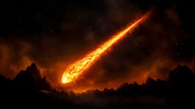 Massive, fiery meteor streaks across the dark night sky, illuminating the silhouettes of mountains below with an intense orange glow, creating a dramatic and apocalyptic scene