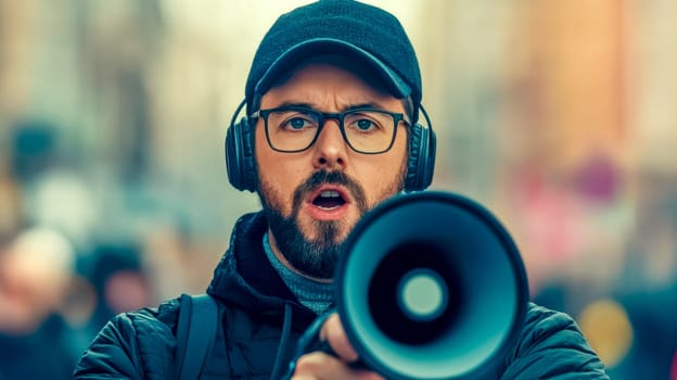 Film director wearing headphones and holding a megaphone, giving instructions during a bustling movie production on an urban city street, actively engaging with the crew and talent