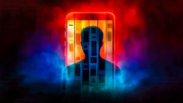 Silhouette of person trapped inside glowing smartphone screen showing social media icons, representing internet addiction, social media obsession, and the metaverse