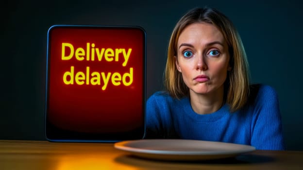 Young woman showing disappointment while waiting for her food delivery, looking at an empty plate with a screen in the background displaying a delivery delayed message