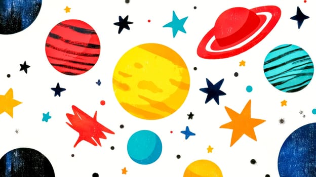 Vibrant planets and stars create a playful and dynamic space themed background, evoking a sense of wonder and exploration with its colorful, hand drawn aesthetic