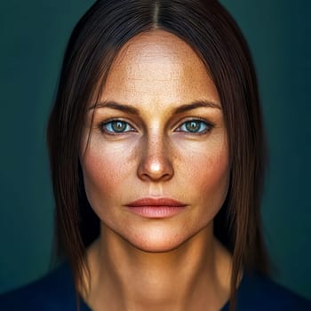 Photorealistic portrait of a woman with freckles, blue eyes and parted brown hair, conveying confidence, determination, and a sense of serenity against a teal background