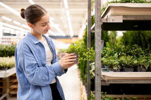 Happy Girl Choosing Potted Plant In The Supermarket