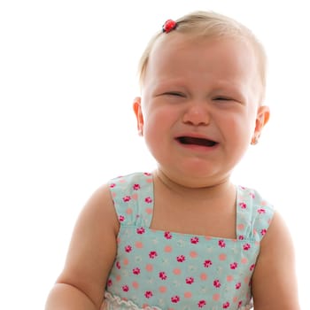 crying baby girl - studio shot over white