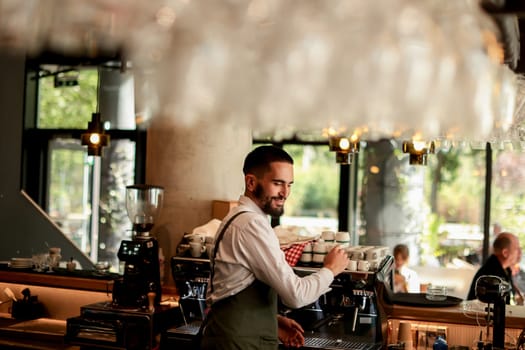 Dedicated barista expertly prepares espresso while engaging with a lively atmosphere filled with sunlight, plants, and happy customers savoring their drinks
