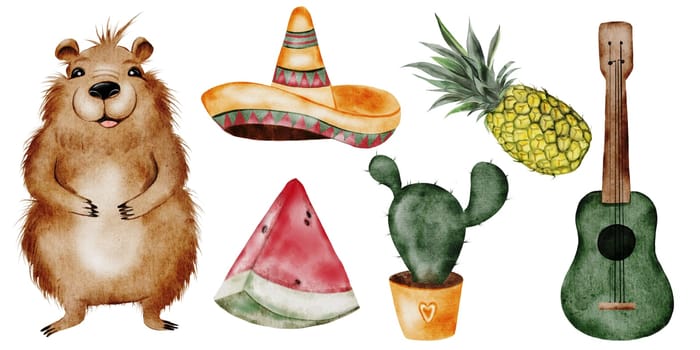 Capybara watercolor set. A funny cartoon animal, mexican sombrero hat, watermelon and cactus. Cute water pig hand drawing on isolated white background. Clip art of a friendly guinea pig. Ideal for stickers, posters and cards. High quality illustration