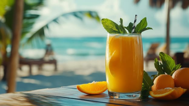 Summer on the beach and refreshing cold orange juice , Generative AI, drink