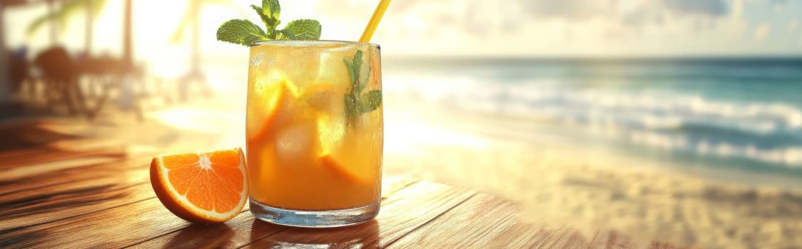 Summer on the beach and refreshing cold orange juice , Generative AI, drink