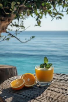Summer on the beach and refreshing cold orange juice , Generative AI, drink