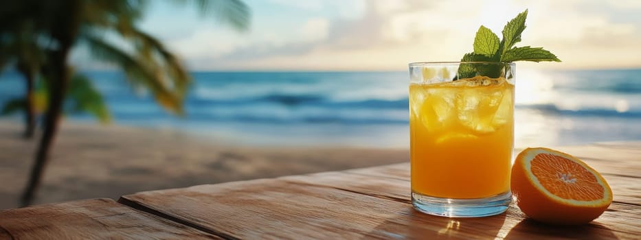 Summer on the beach and refreshing cold orange juice , Generative AI, drink
