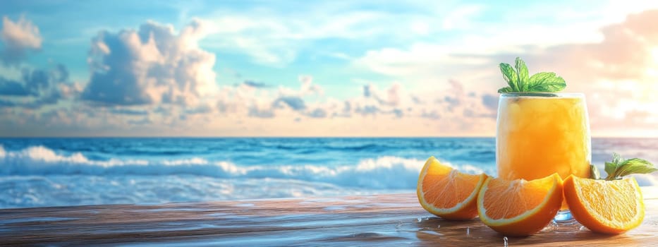 Summer on the beach and refreshing cold orange juice , Generative AI, drink