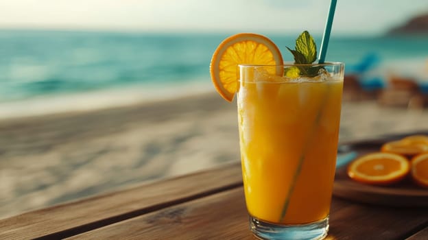 Summer on the beach and refreshing cold orange juice , Generative AI, drink