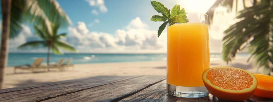 Summer on the beach and refreshing cold orange juice , Generative AI, drink