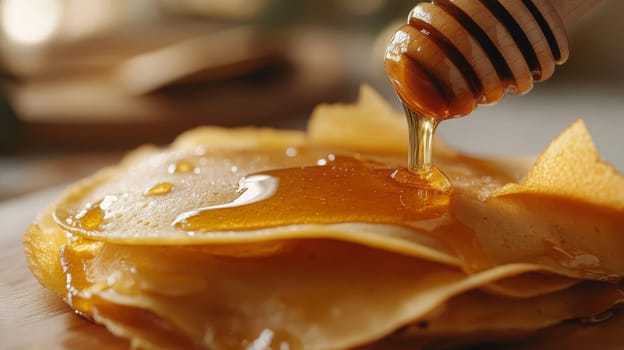 pancakes with honey on a wooden table, Generative AI,