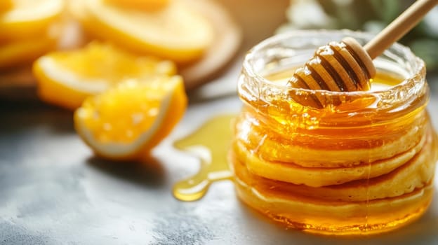 pancakes with honey on a wooden table, Generative AI,
