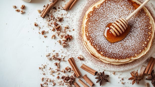 pancakes with honey on a wooden table, Generative AI,