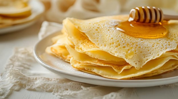 pancakes with honey on a wooden table, Generative AI,