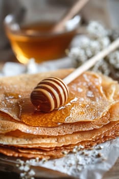 pancakes with honey on a wooden table, Generative AI,