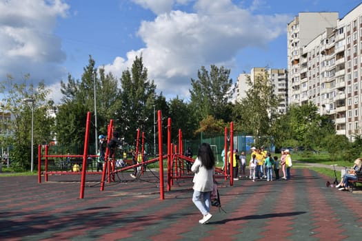 Moscow, Russia - Aug 25. 2023. Modern children's sports playground in a 15 microdistrict Zelenograd