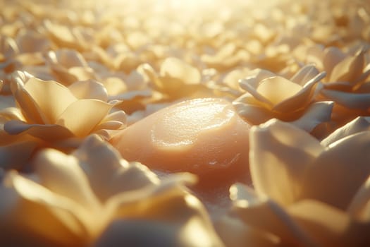 Delicate petals envelop a single droplet of water, reflecting soft light in a tranquil garden setting during the golden hour of sunset.